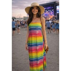Womens Bodycon Maxi Dress M Rainbow Strapless Festival Resort Tropical Beach